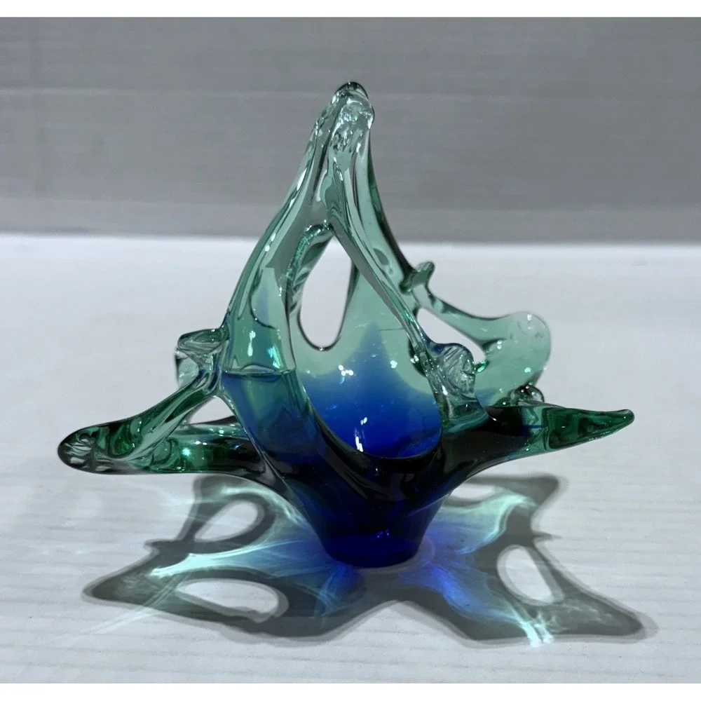 Vintage Murano Style MCM Blue‎ Green Art Glass Basket - Size 4.5 x 4.5 x 4
